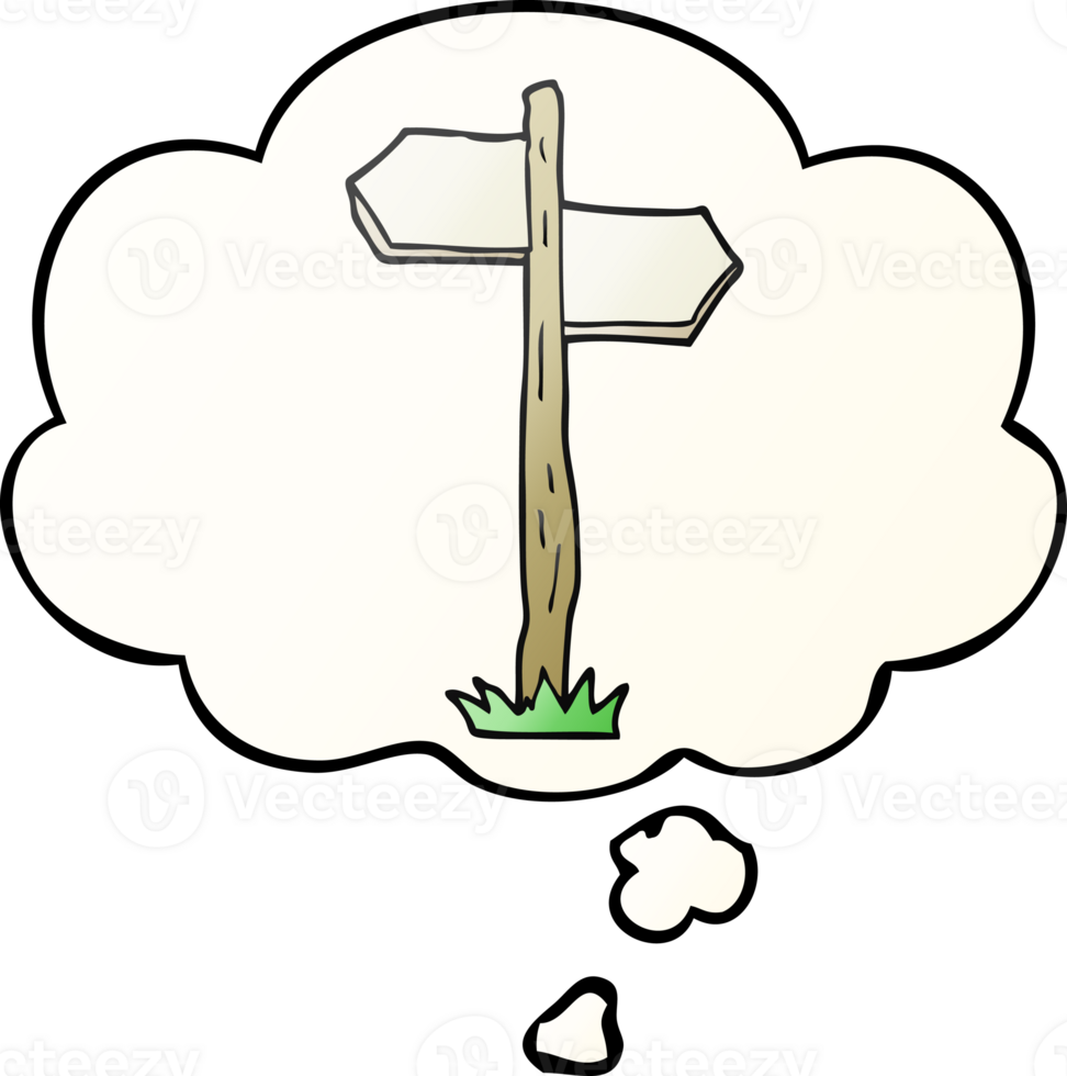cartoon old direction sign with thought bubble in smooth gradient style png
