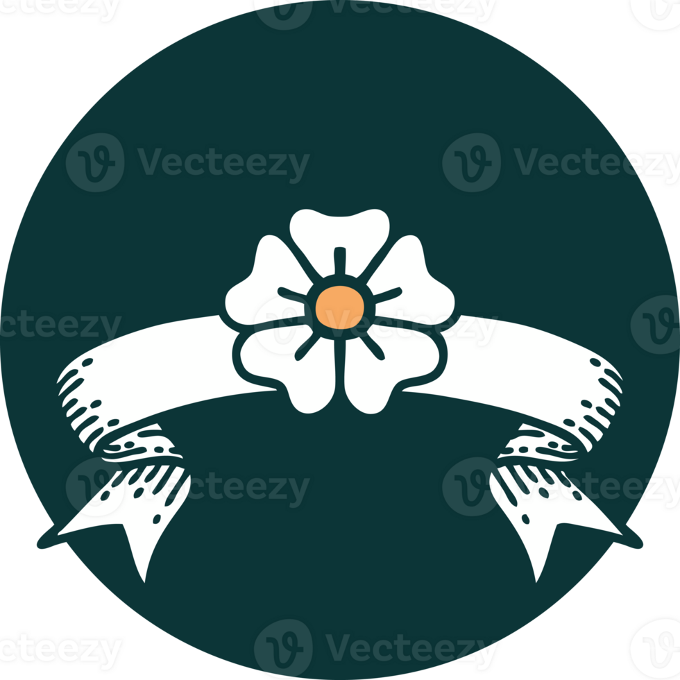 tattoo style icon with banner of a flower png