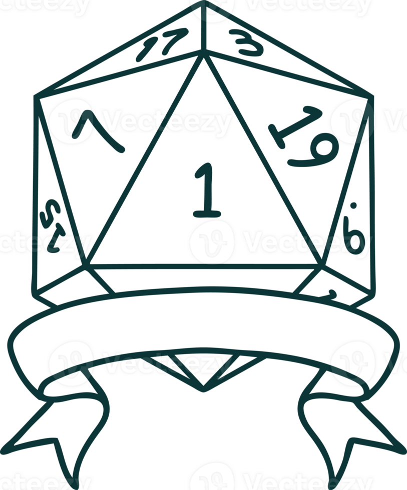 Retro Tattoo Style natural one d20 dice roll png