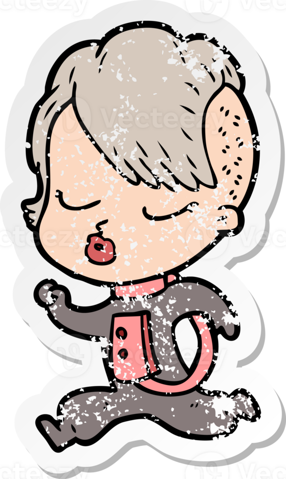 distressed sticker of a cartoon pretty hipster girl png