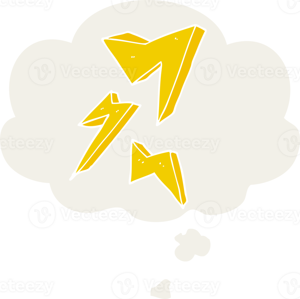 cartoon lightning bolt with thought bubble in retro style png