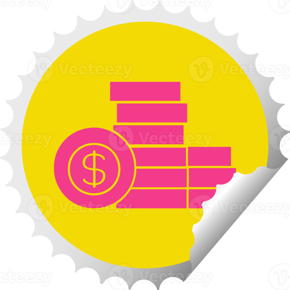 circular peeling sticker cartoon of a pile of money png