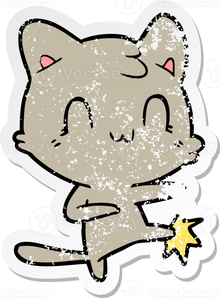 distressed sticker of a cartoon happy cat karate kicking png