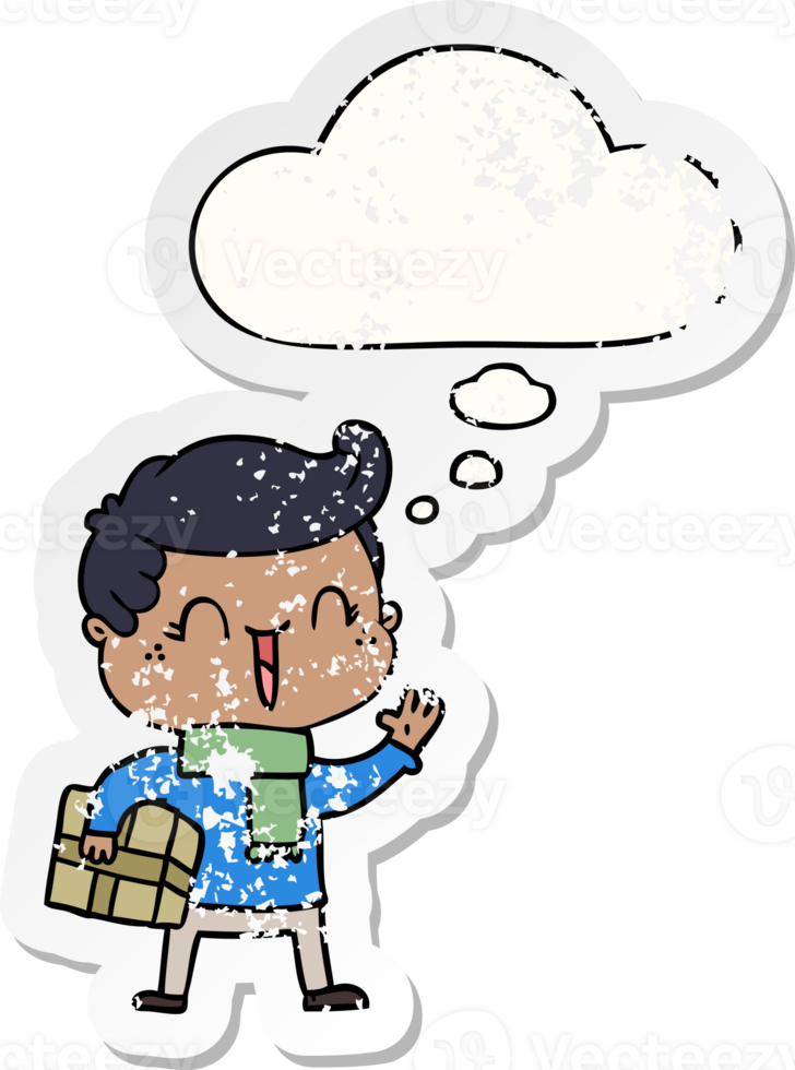 cartoon laughing boy with thought bubble as a distressed worn sticker png