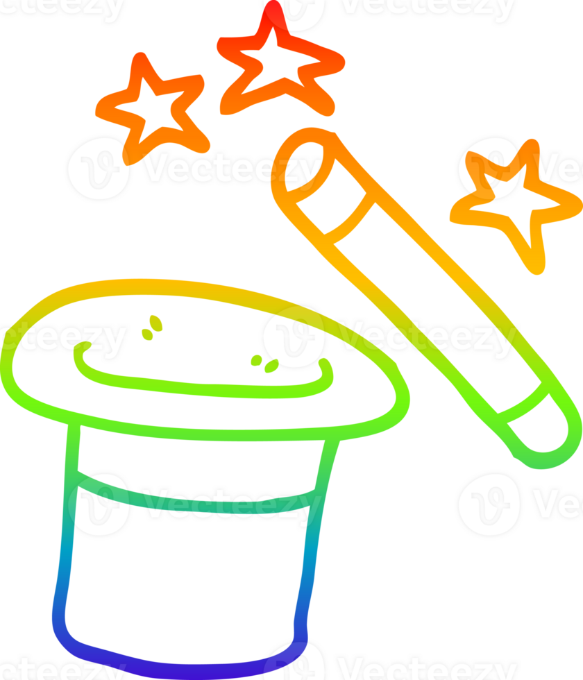 rainbow gradient line drawing of a cartoon magicians hat and wand png
