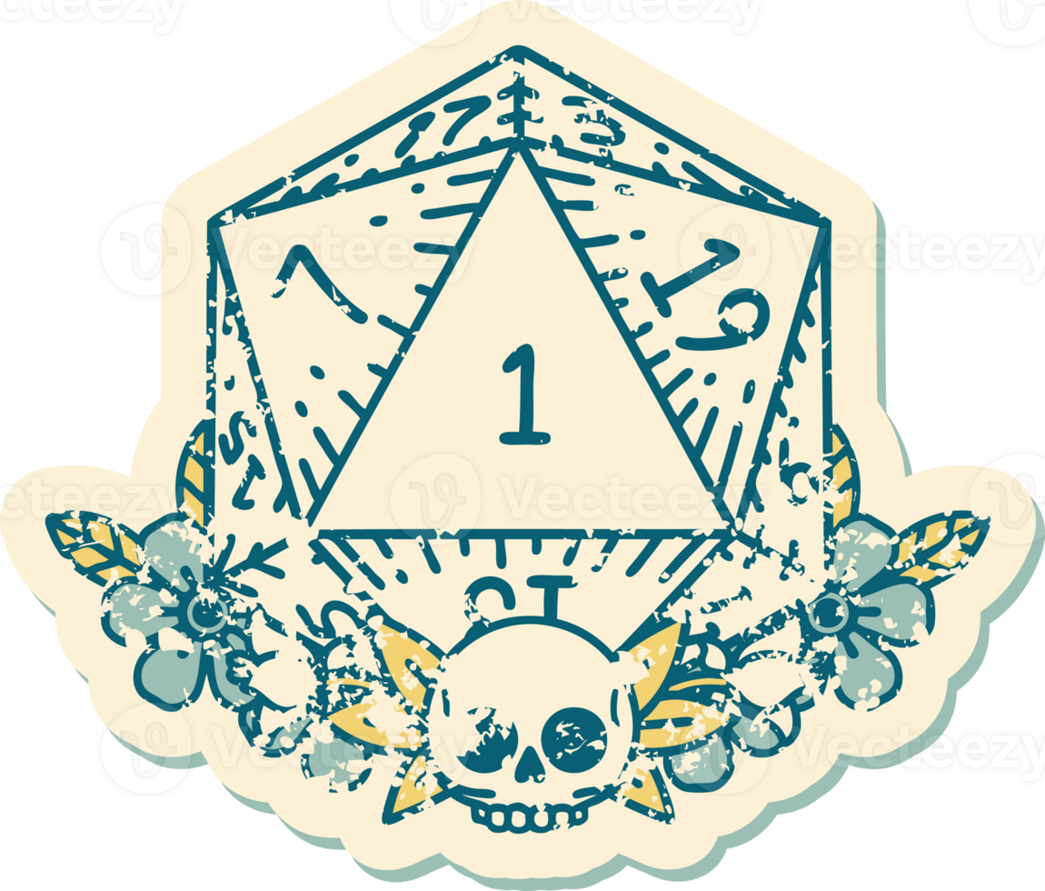 Retro Tattoo Style natural one dice roll with floral elements png