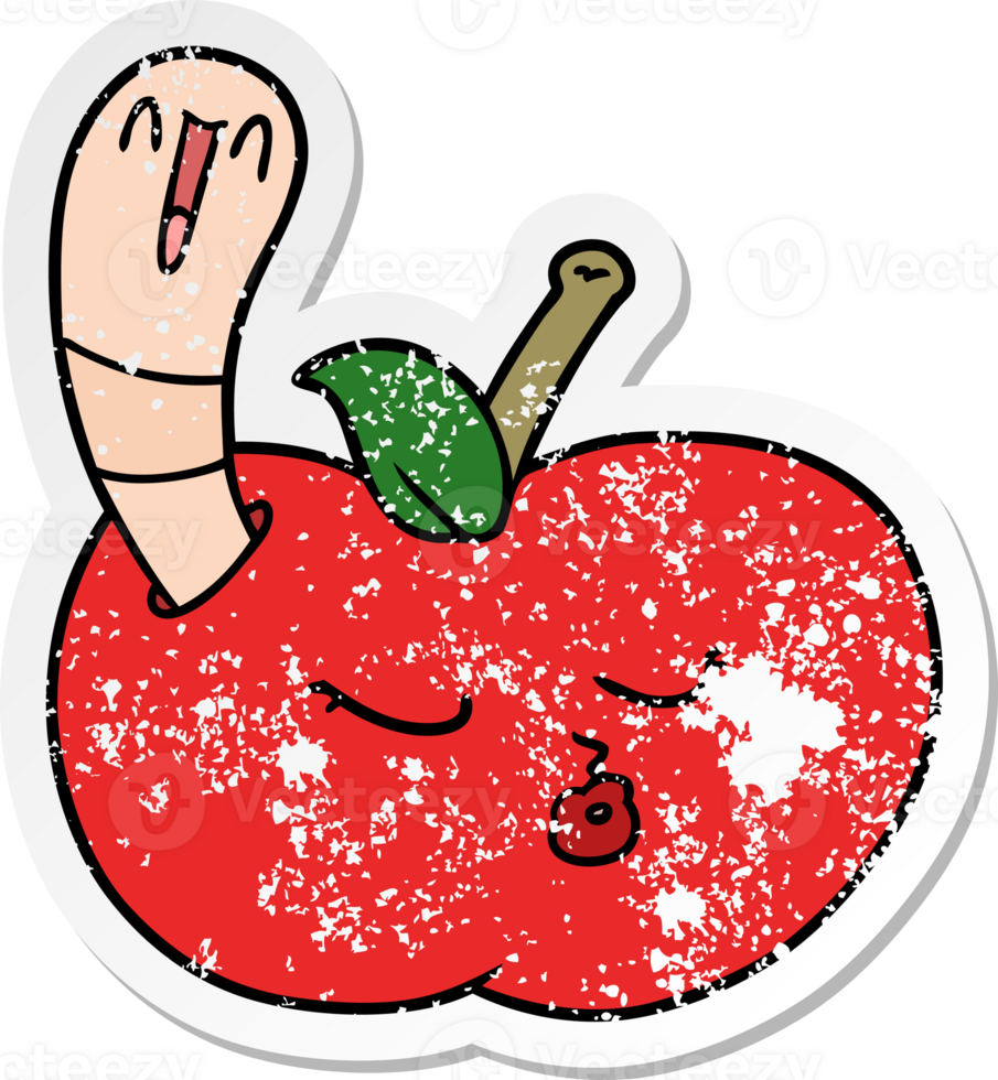 distressed sticker of a cartoon worm in apple png