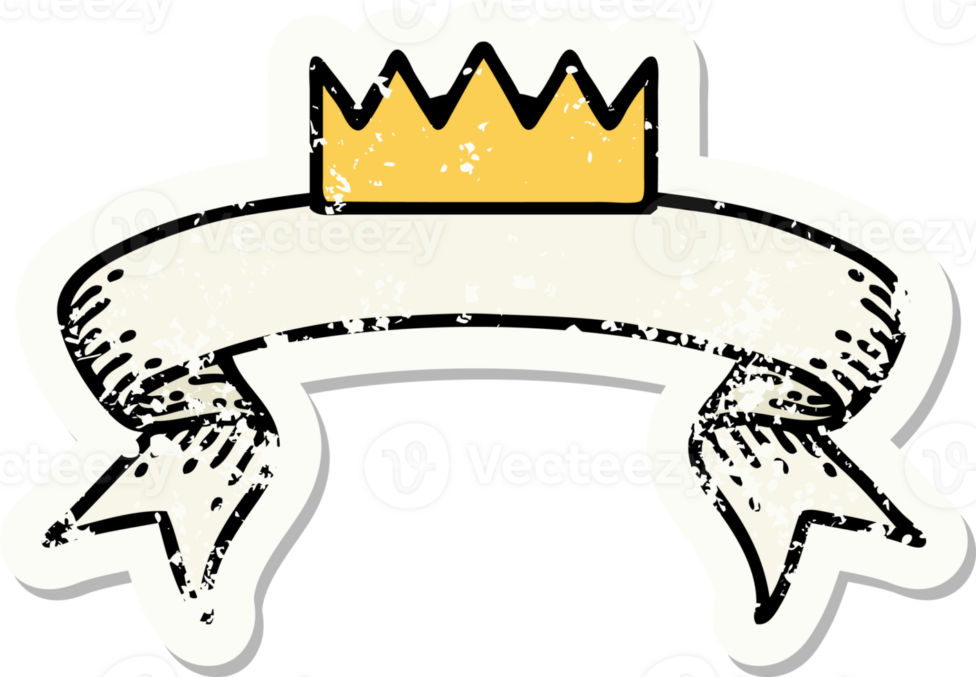 worn old sticker with banner of a crown png