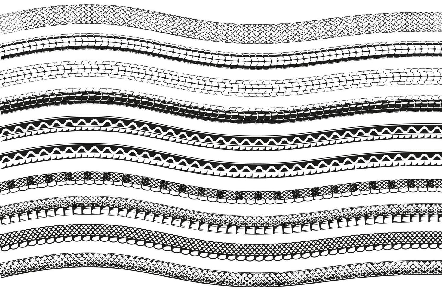 Snake skin texture set,symbol of the year 2025. Black linear style. isolated white background. vector