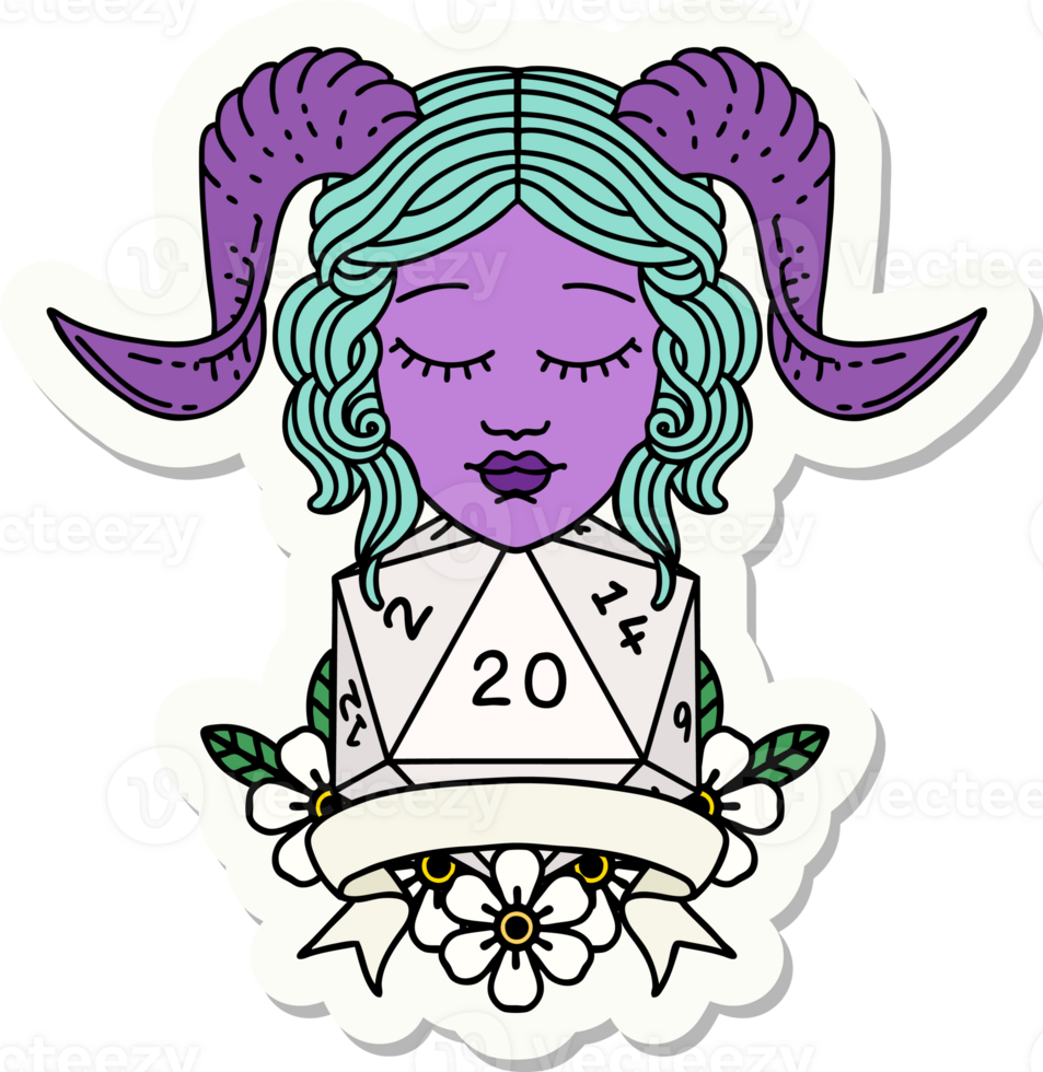 sticker of a tiefling with natural 20 D20 roll png