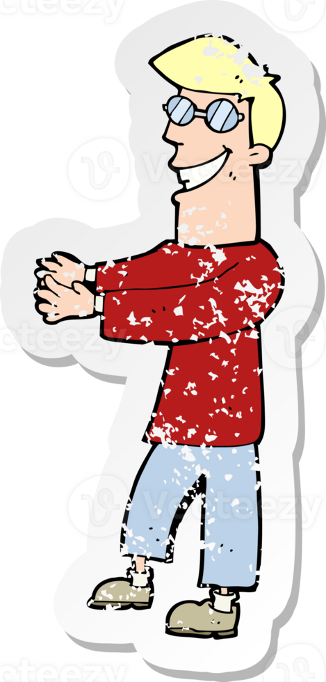 retro distressed sticker of a cartoon grinning man wearing glasses png