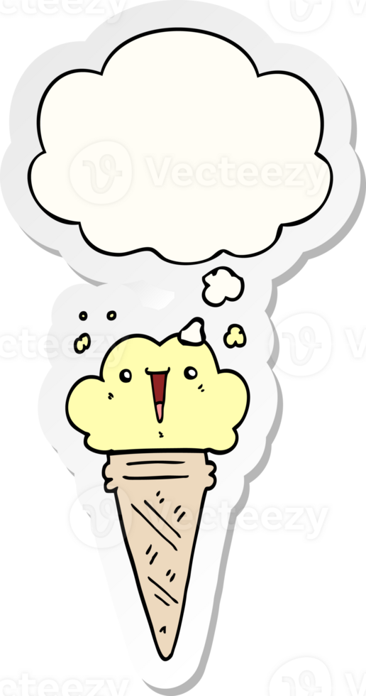 cartoon ice cream with face with thought bubble as a printed sticker png
