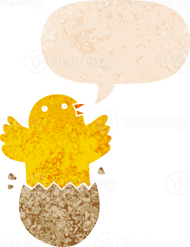cartoon hatching bird with speech bubble in grunge distressed retro textured style png