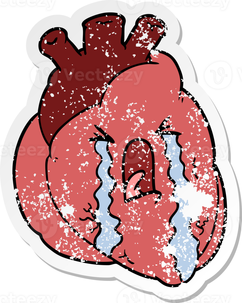 distressed sticker of a cartoon heart crying png