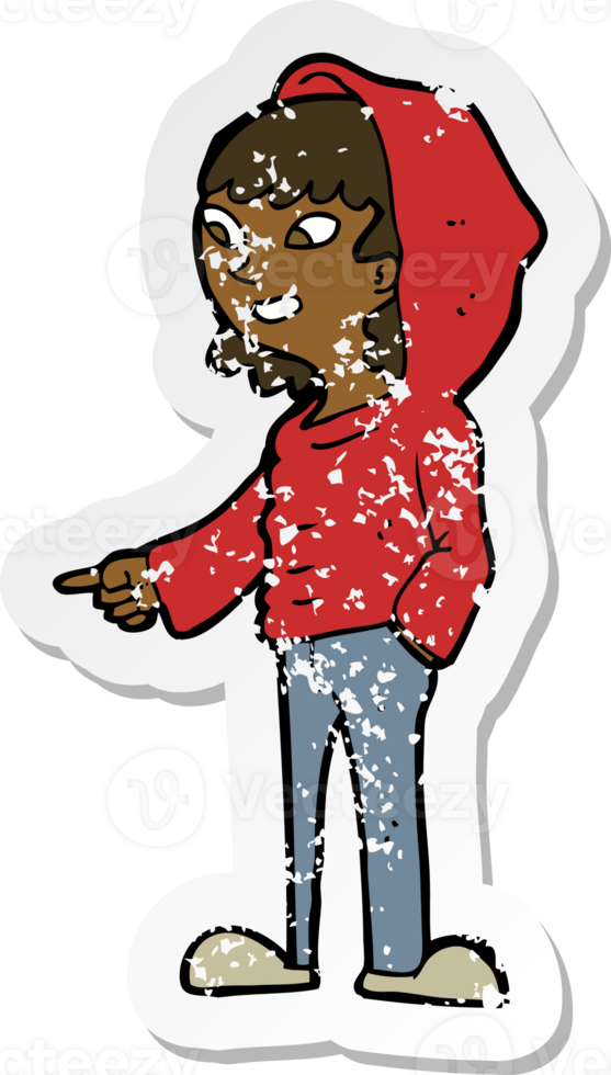 retro distressed sticker of a cartoon pointing teenager png