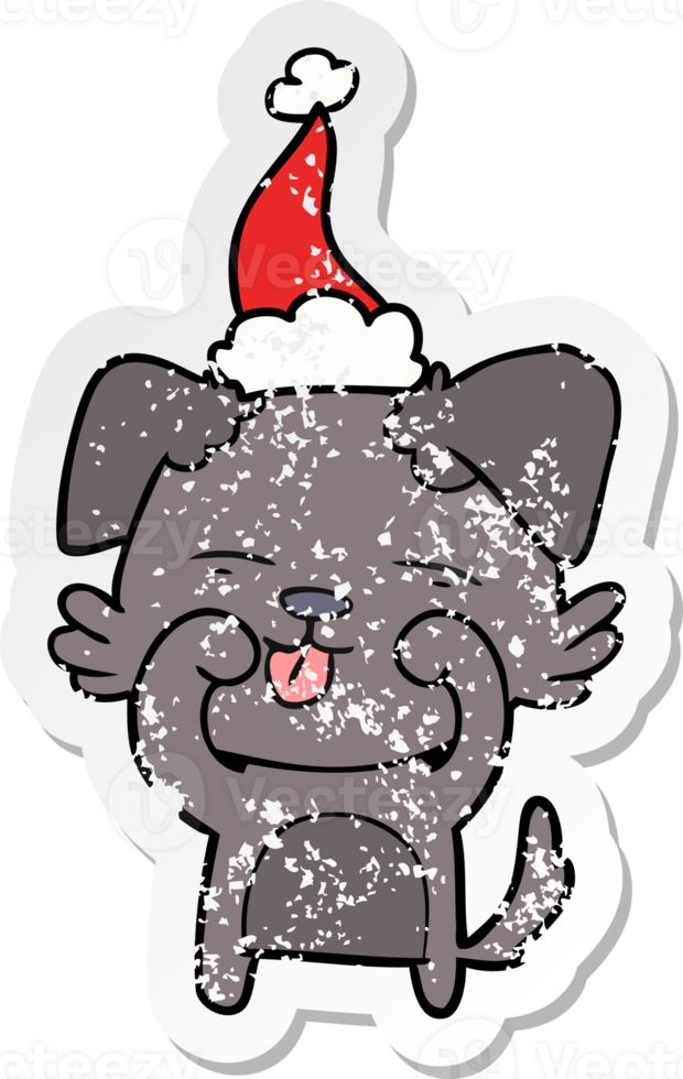 hand drawn distressed sticker cartoon of a dog rubbing eyes wearing santa hat png
