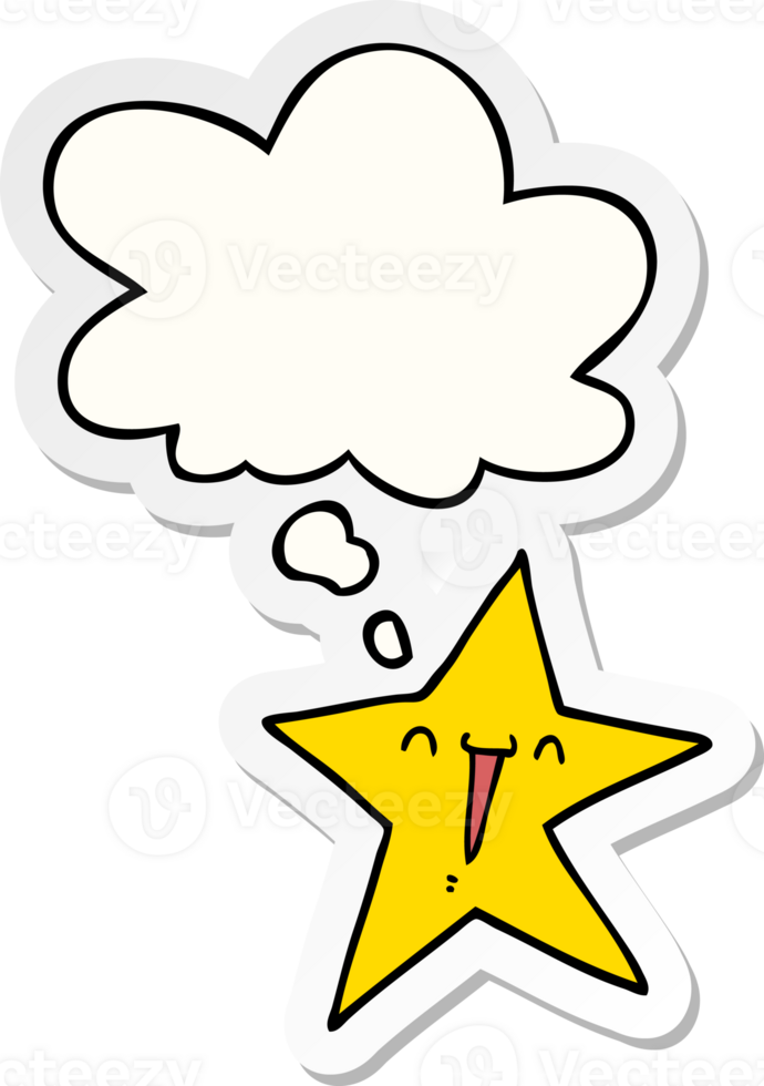 happy cartoon star with thought bubble as a printed sticker png
