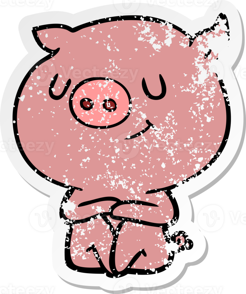 distressed sticker of a happy cartoon pig png