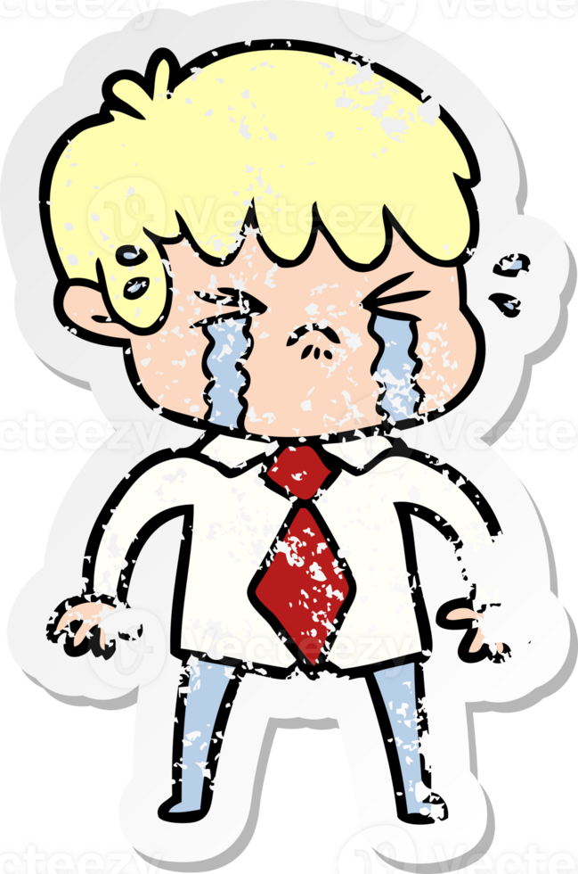distressed sticker of a cartoon boy crying png