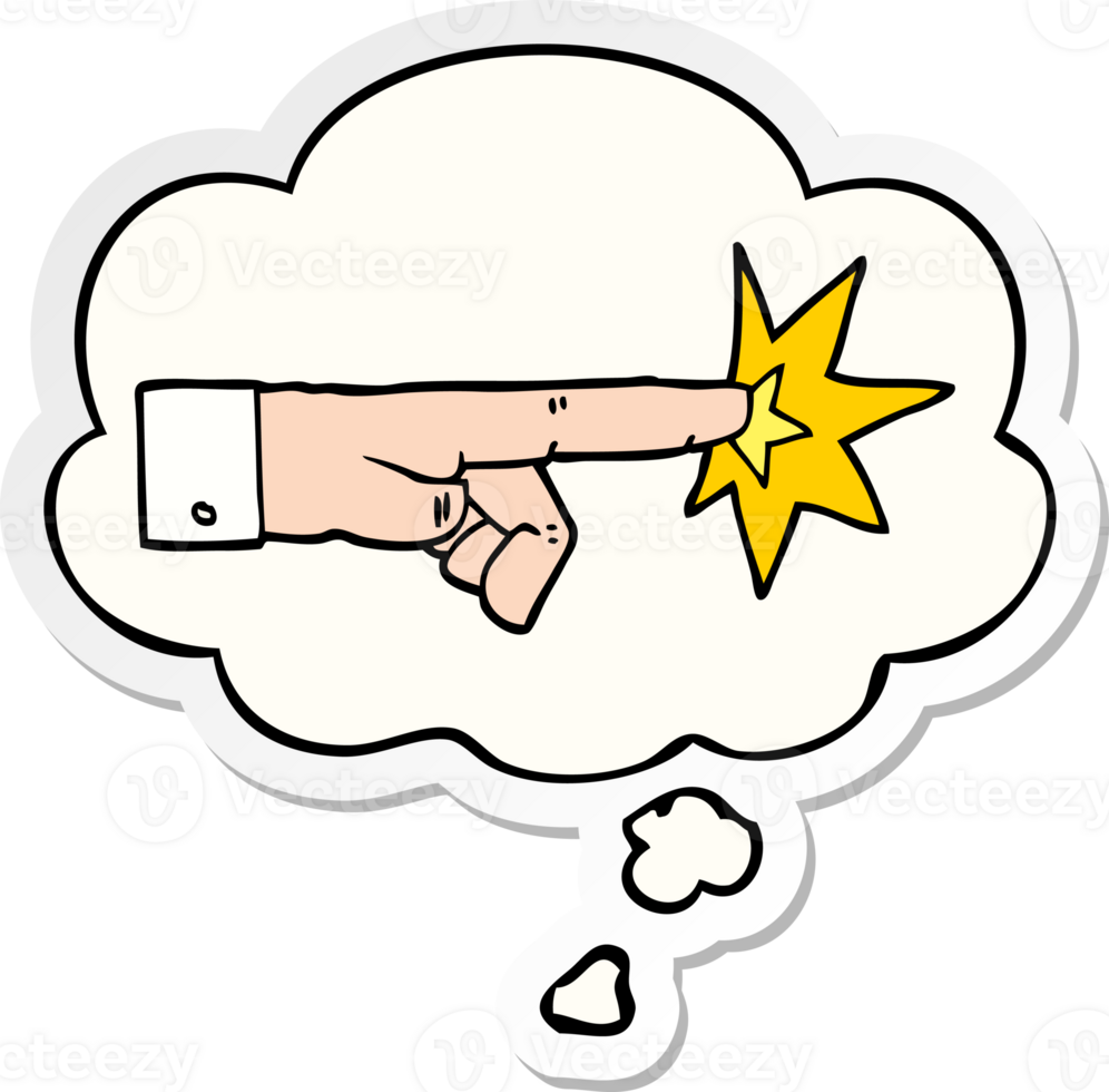 cartoon pointing hand with thought bubble as a printed sticker png