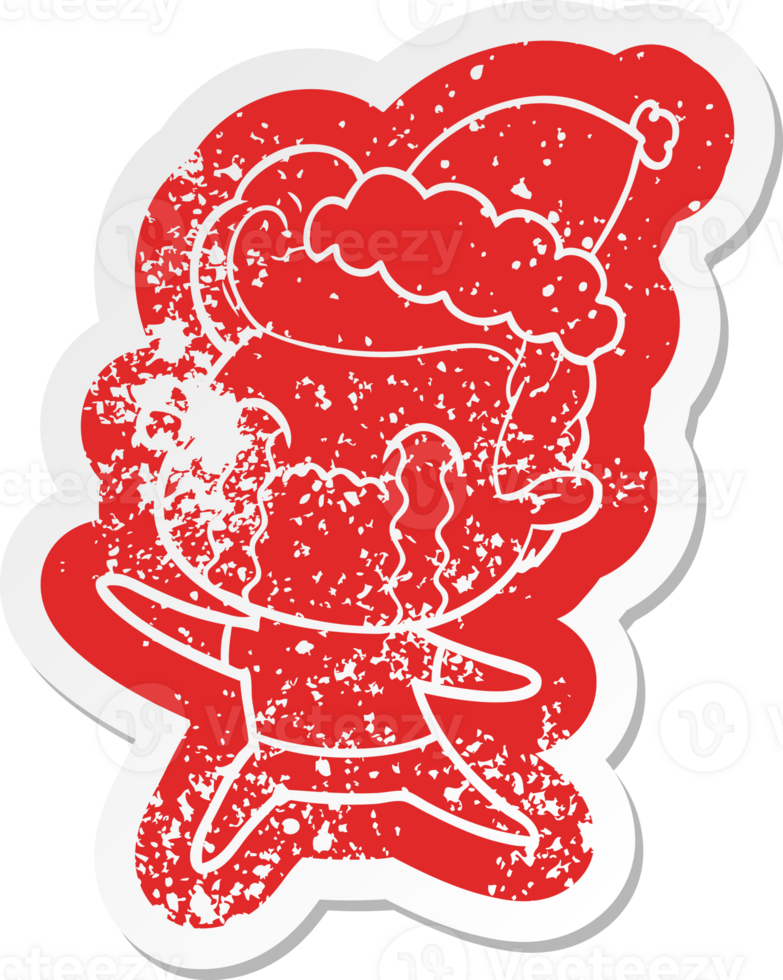 quirky cartoon distressed sticker of a man crying wearing santa hat png