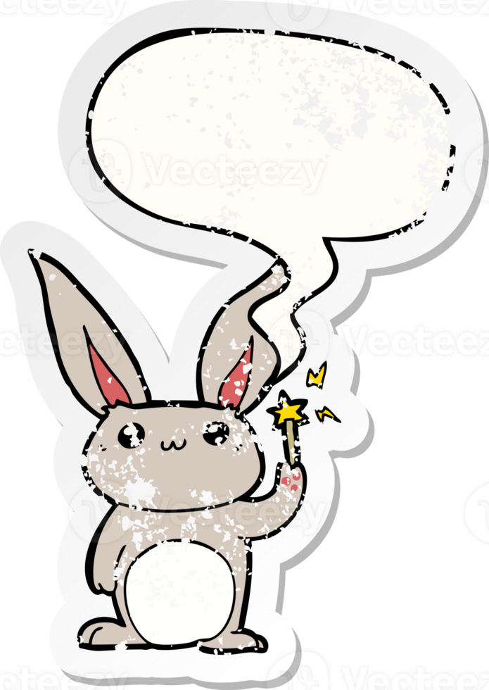 cute cartoon rabbit with speech bubble distressed distressed old sticker png