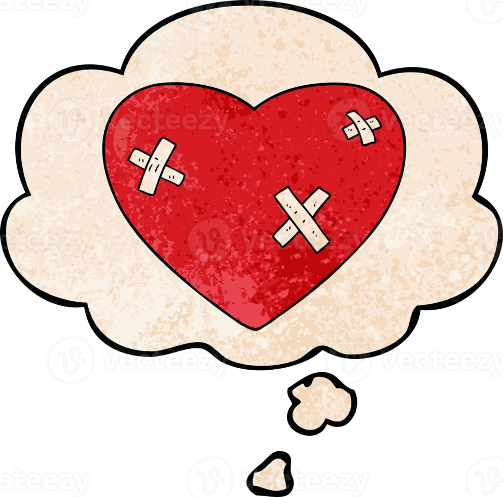 cartoon beaten up heart with thought bubble in grunge texture style png
