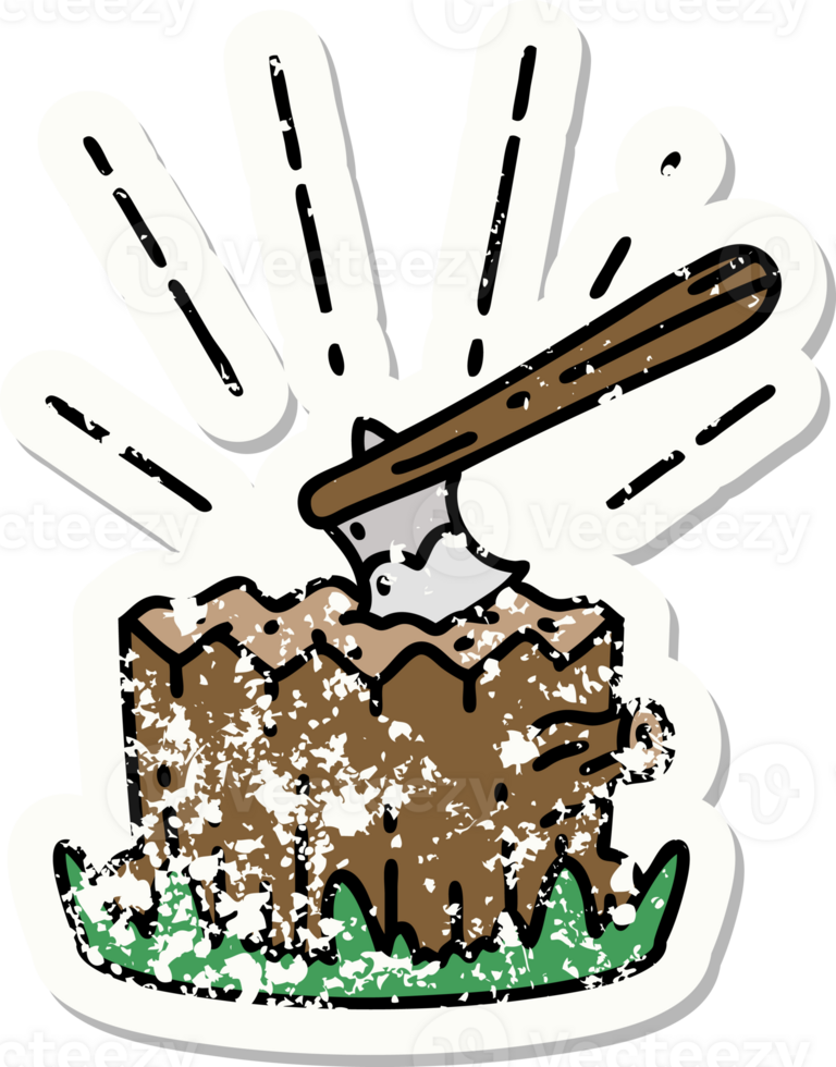 worn old sticker of a tattoo style axe in tree stump png