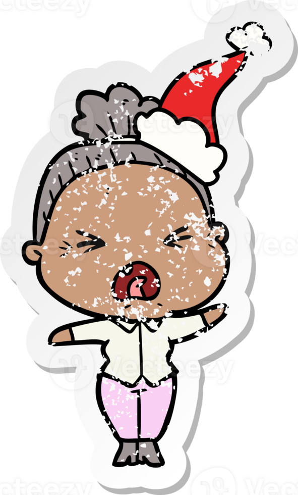 hand drawn distressed sticker cartoon of a angry old woman wearing santa hat png