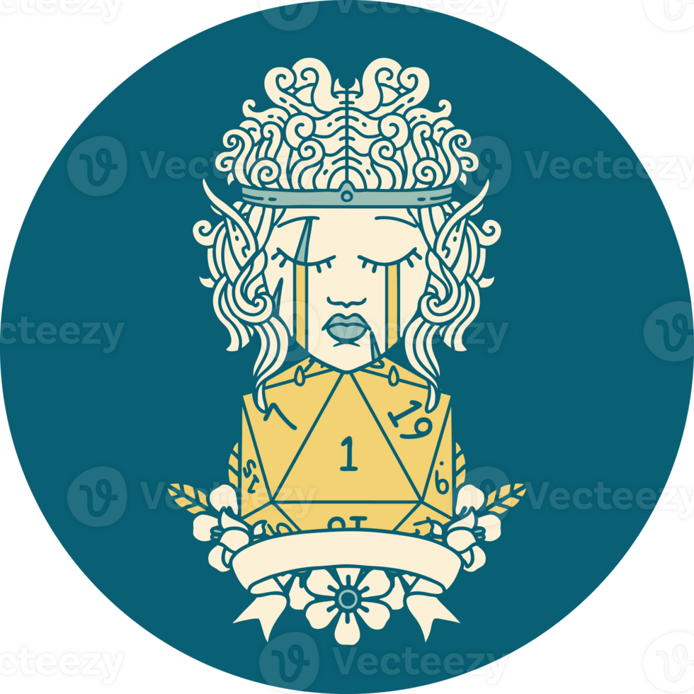 Retro Tattoo Style sad elf barbarian character with natural one roll png