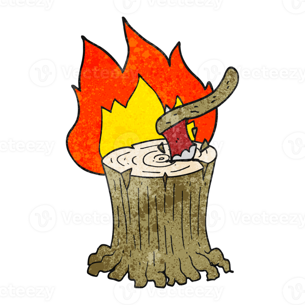 textured cartoon axe in a flaming tree stump png