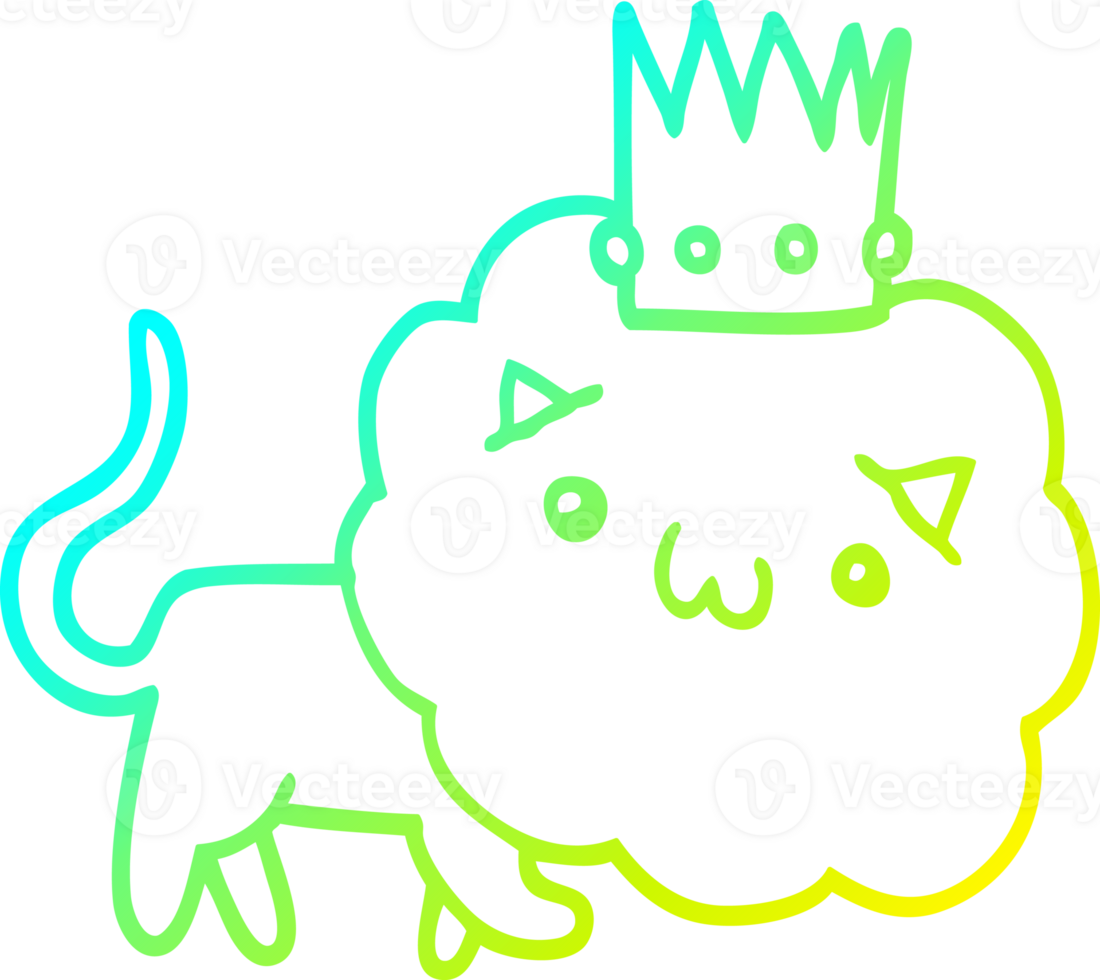 cold gradient line drawing of a cartoon lion with crown png