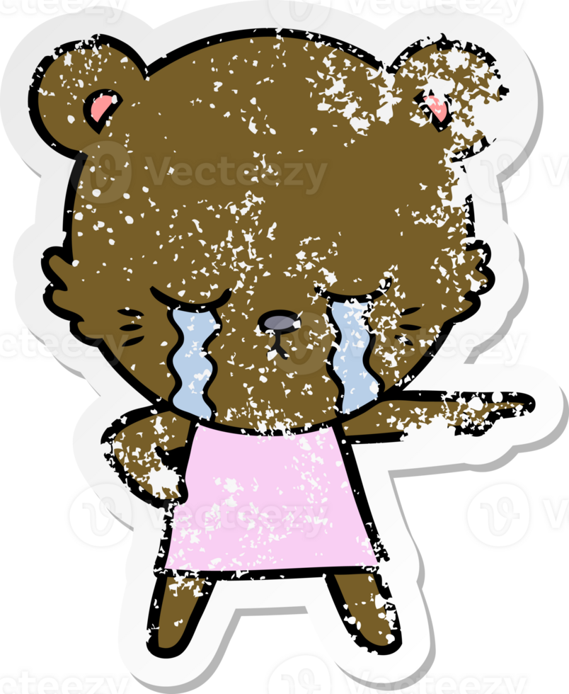 distressed sticker of a crying cartoon bear in dress pointing png