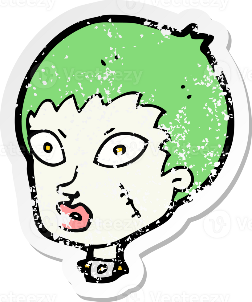 retro distressed sticker of a cartoon female zombie head png