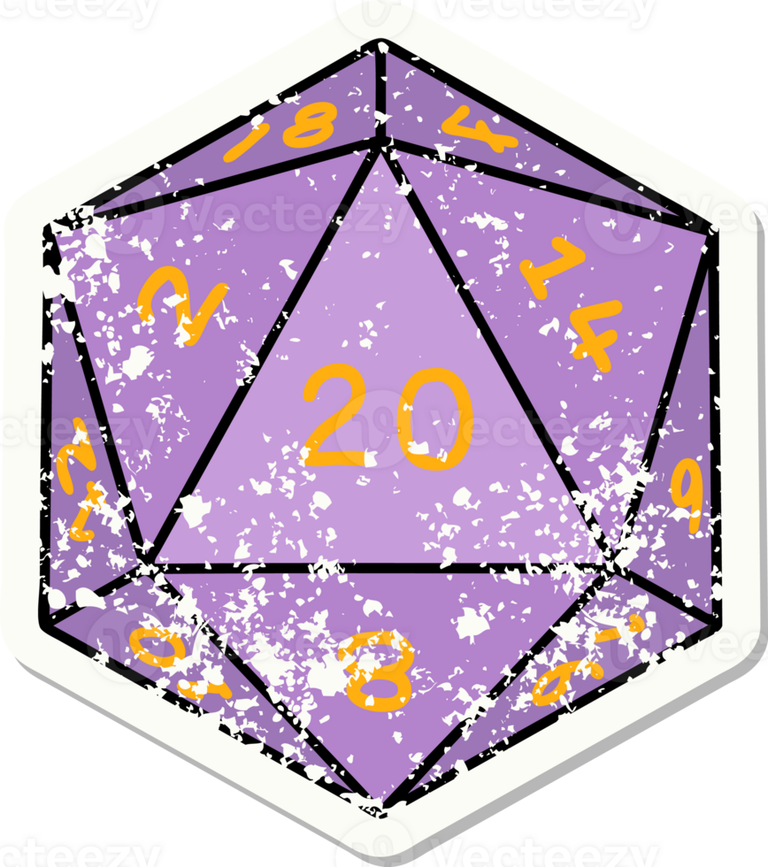 grunge sticker of a natural 20 D20 dice roll png