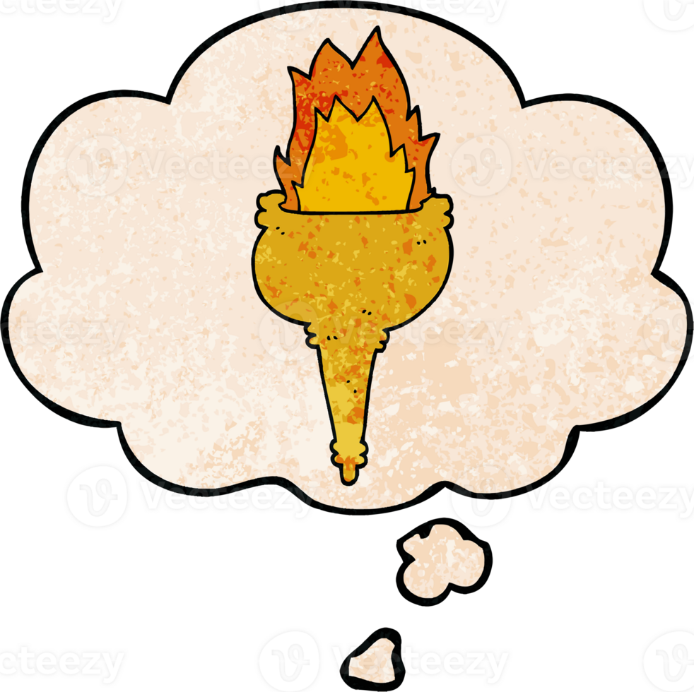 cartoon flaming torch with thought bubble in grunge texture style png