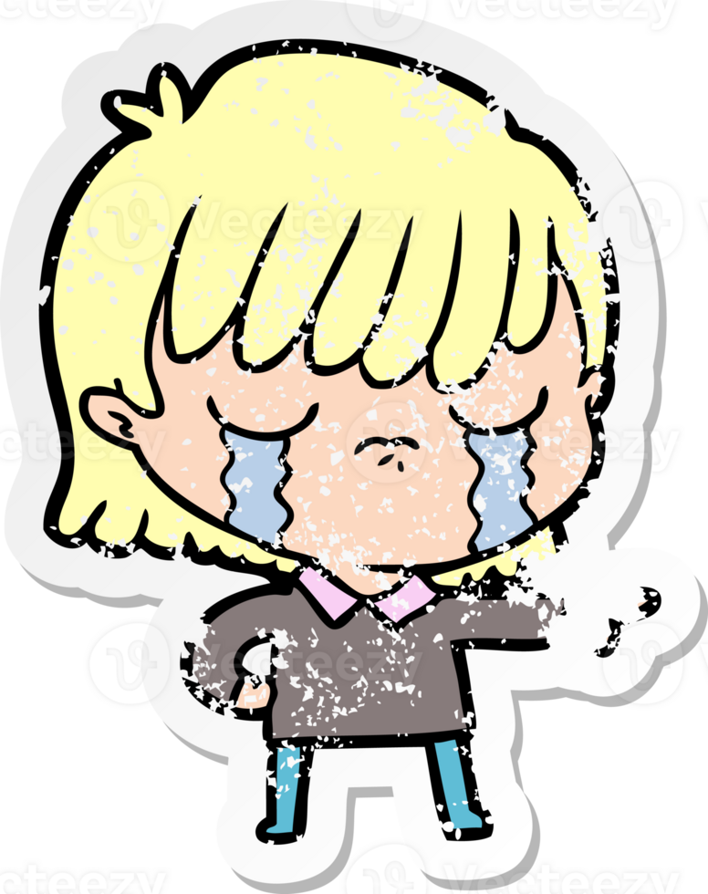 distressed sticker of a cartoon woman crying png