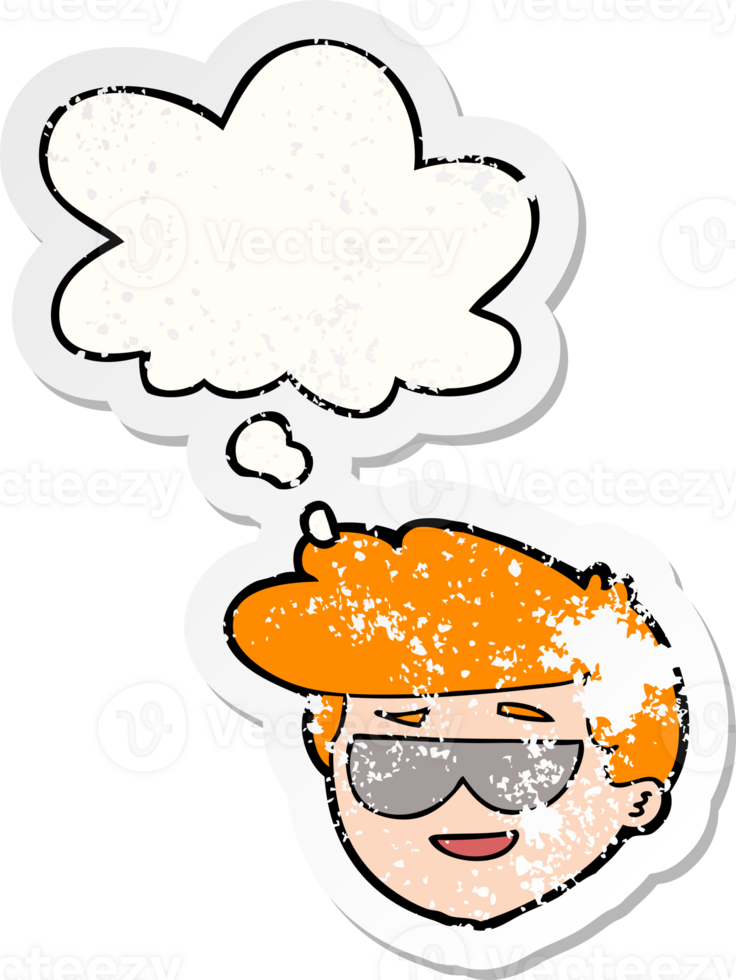 cartoon boy wearing sunglasses with thought bubble as a distressed worn sticker png