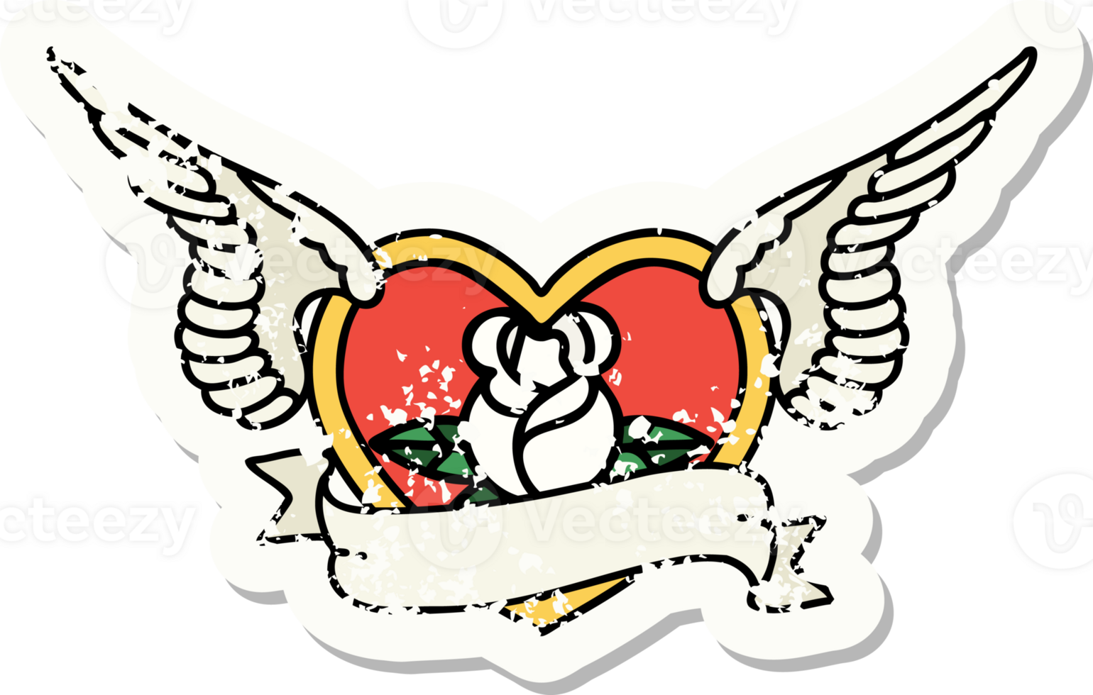 distressed sticker tattoo in traditional style of a flying heart with flowers and banner png