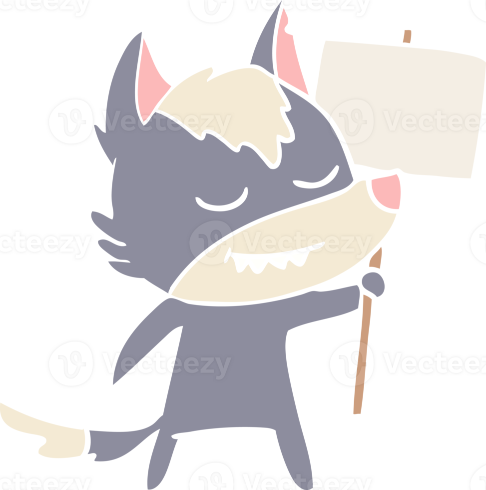 friendly flat color style cartoon wolf with blank sign png