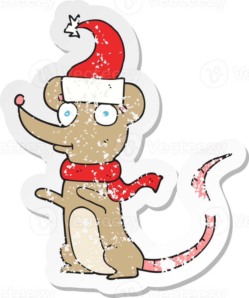 retro distressed sticker of a cartoon mouse wearing christmas hat png