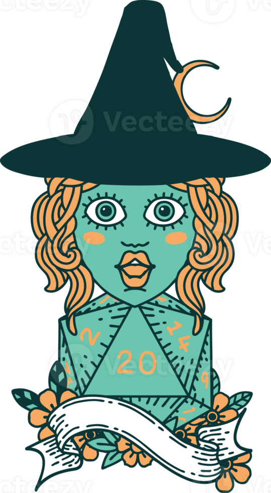 Retro Tattoo Style human mage with natural 20 D20 dice roll png