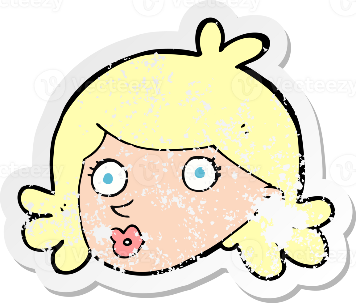 retro distressed sticker of a cartoon pretty face png