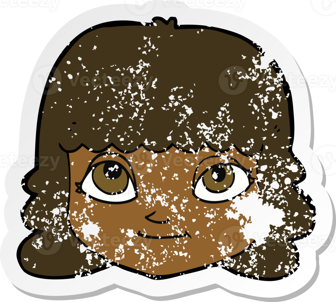 retro distressed sticker of a cartoon happy female face png