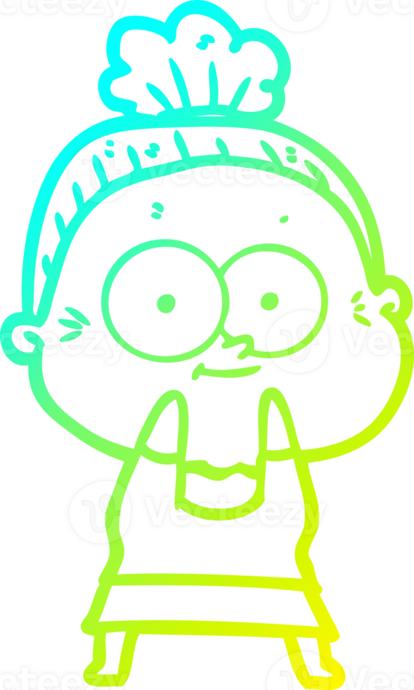 cold gradient line drawing of a cartoon happy old woman png