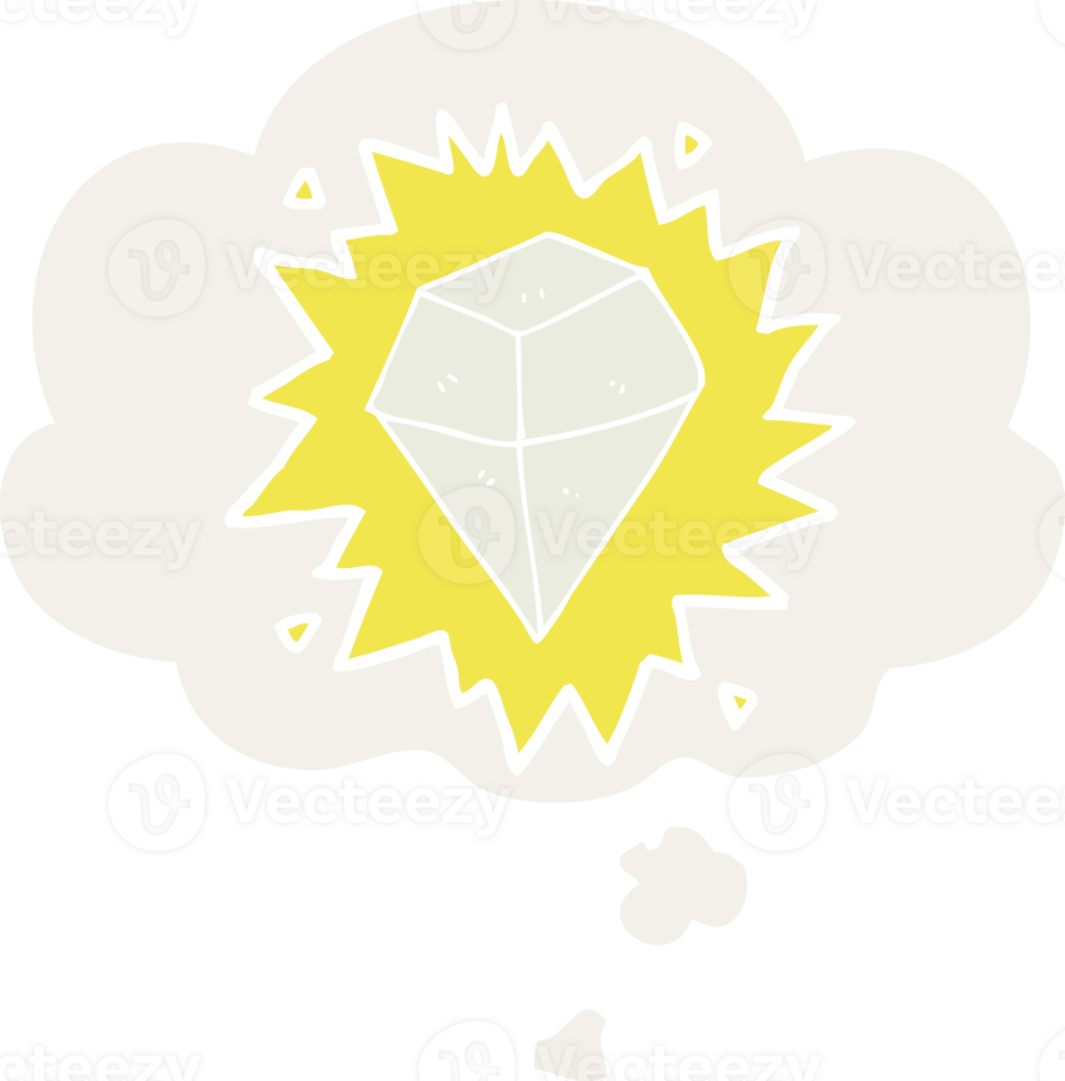 cartoon shining crystal with thought bubble in retro style png