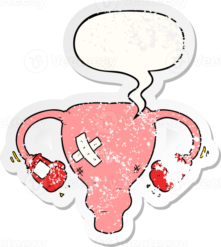 cartoon beat up uterus with boxing gloves with speech bubble distressed distressed old sticker png