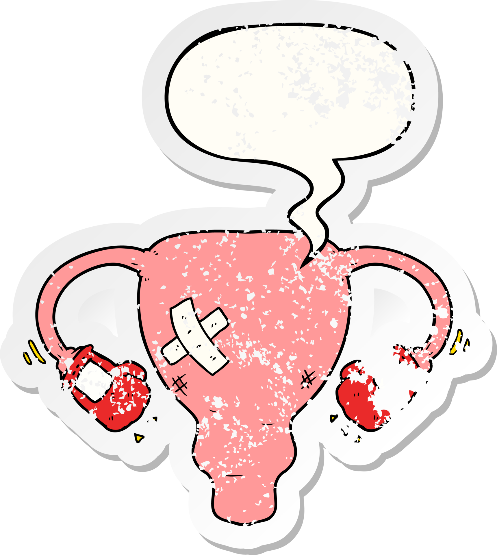 cartoon beat up uterus with boxing gloves with speech bubble distressed