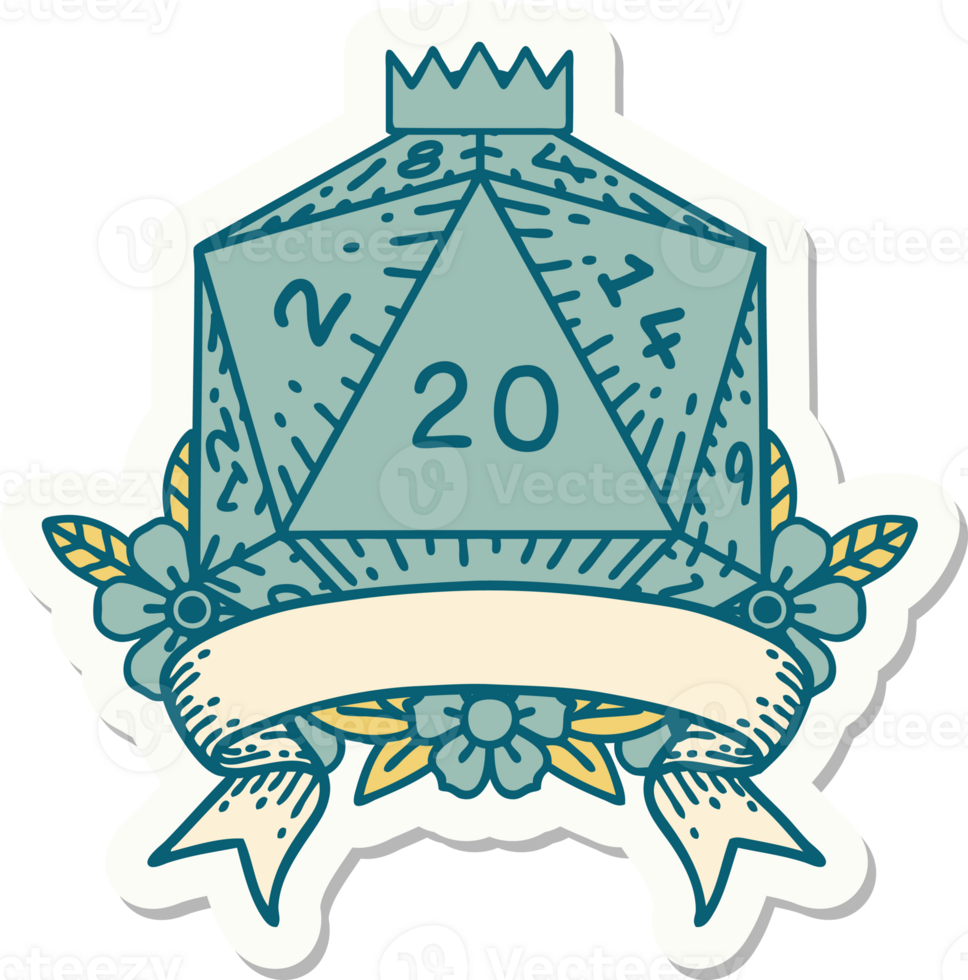 sticker of a natural 20 critical hit D20 dice roll png