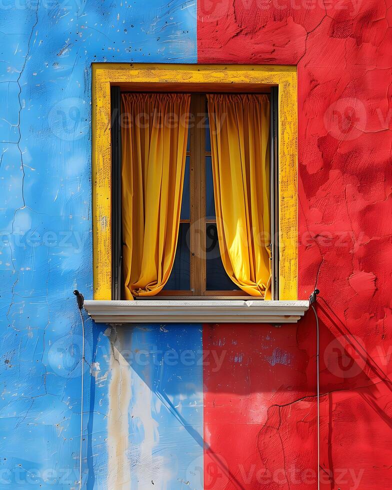 A minimalist illustration of window on the exterior of a building and a wall that plays with bold color contrast. between yellow blue and red Suitable for attracting attention, Communicate a message. photo